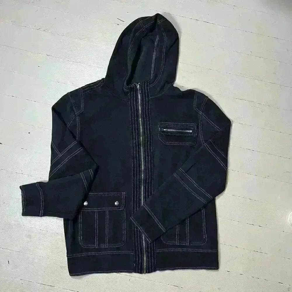 INC International Concepts Sweatshirt Womens L Black Full Zip Snap Pocket Hoodie